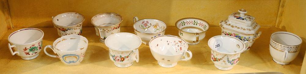 Collection of Early Tea Cups & a Sugar Pot, Repairs Noted.: Collection of Early Tea Cups & a Sugar Pot, Repairs Noted.