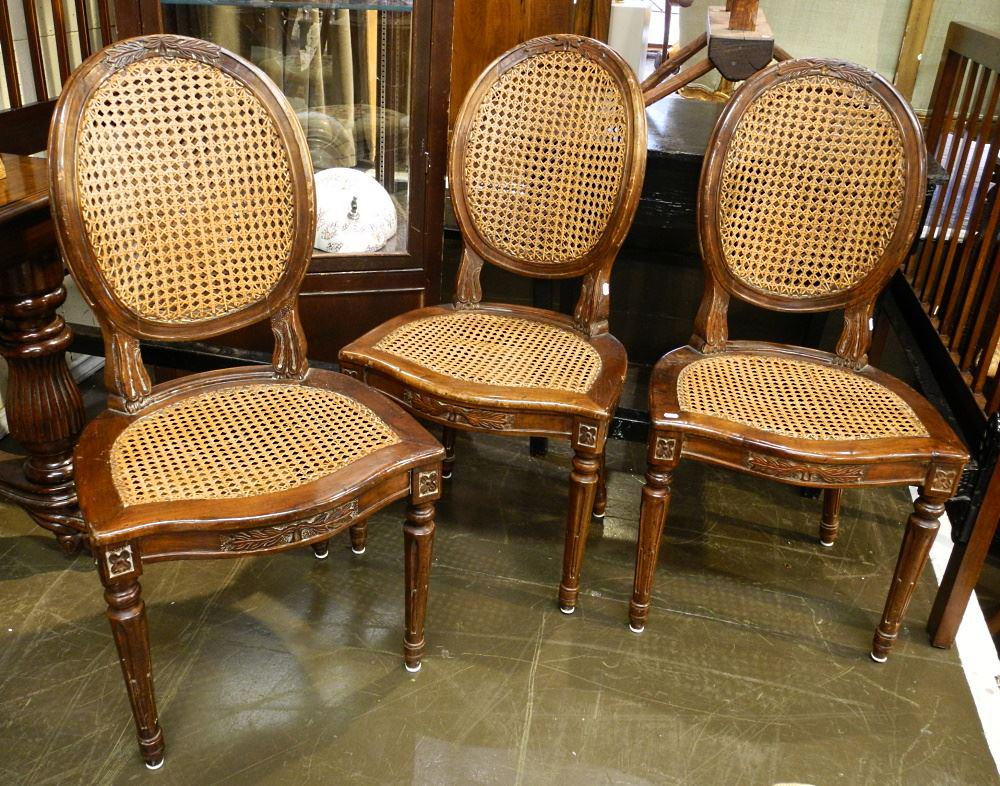 3 Louis XVI-Style Fruitwood Cane Inset Salon Chairs, 57" high. (1 of 4)