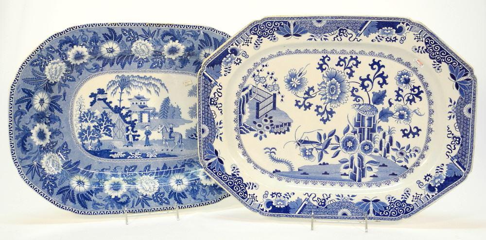 Two Blue & White Platters: Spode Stone China & Rogers, Both 19" Wide (1 of 3)