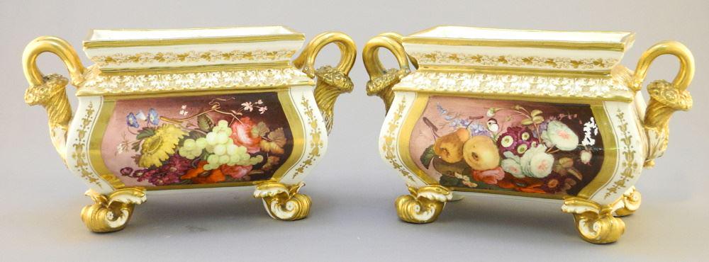 Pair of Regency Porcelain Sarcophagus-Form Trough Pots, losses noted, 4 5/8 x 8 1/2 x 4": Pair of Regency Porcelain Sarcophagus-Form Trough Pots, losses noted, 4 5/8 x 8 1/2 x 4"