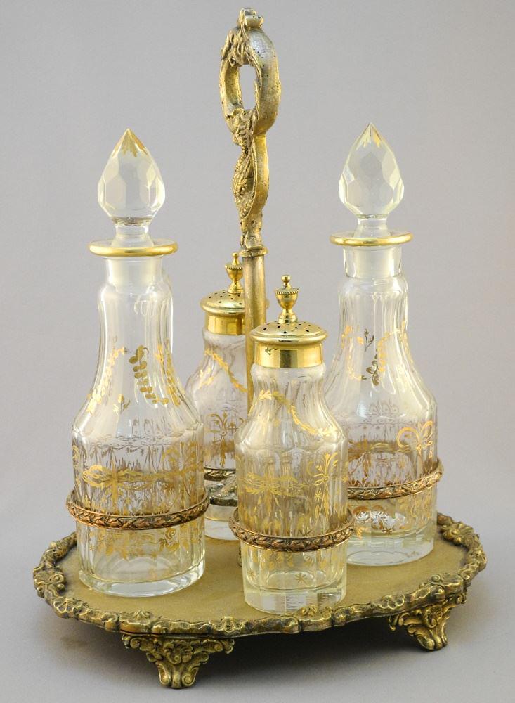 European Metal Gilded Four Bottle Cruet, 12 1/4". (1 of 4)