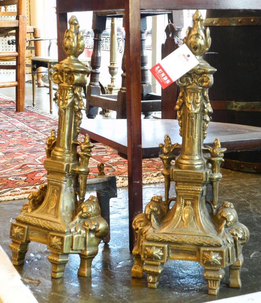 Pair of Louis XVI-Style Cast Brass Andirons, 17 1/2" Tall (1 of 2)