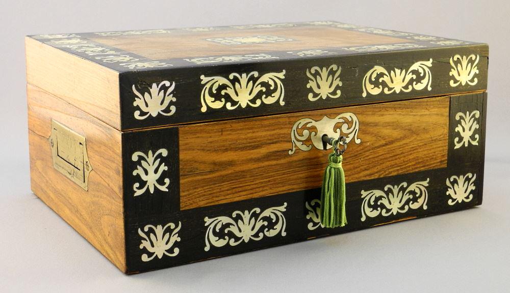 Victorian Kingswood & Rosewood Mother of Pearl Inlaid Jewellery Box, 11". (1 of 6)