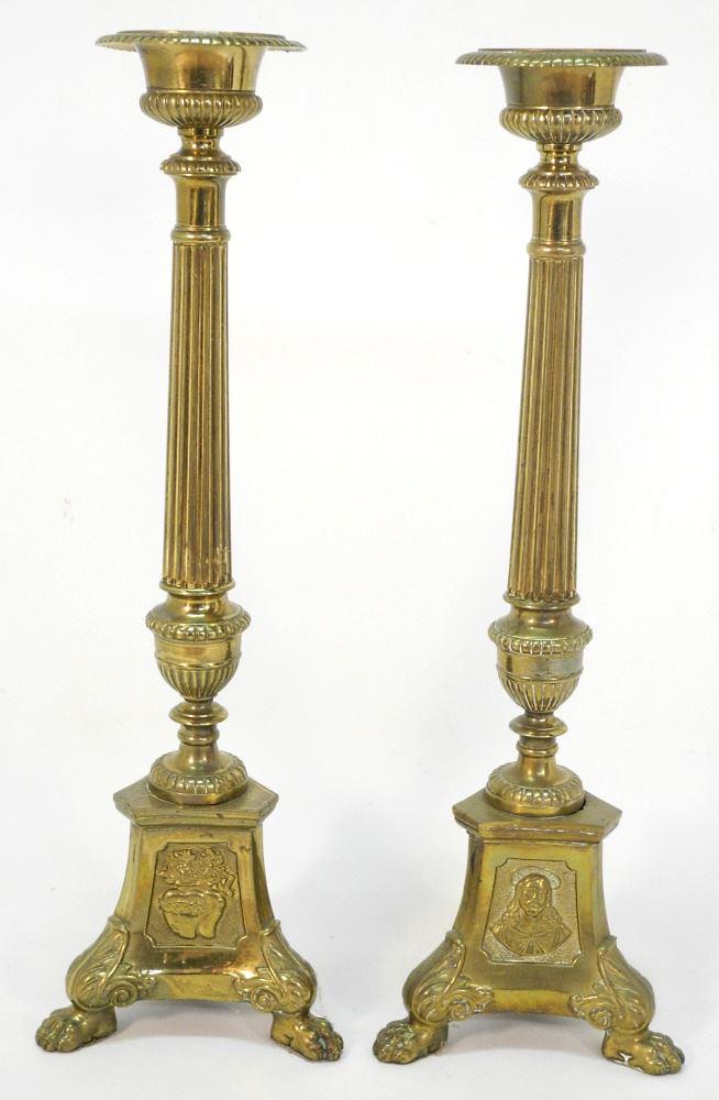 Pair of Ecclesiastical Brass Candle Sticks Embossed with Jesus, Mary & Sacred Heart, 21" High (1 of 2)