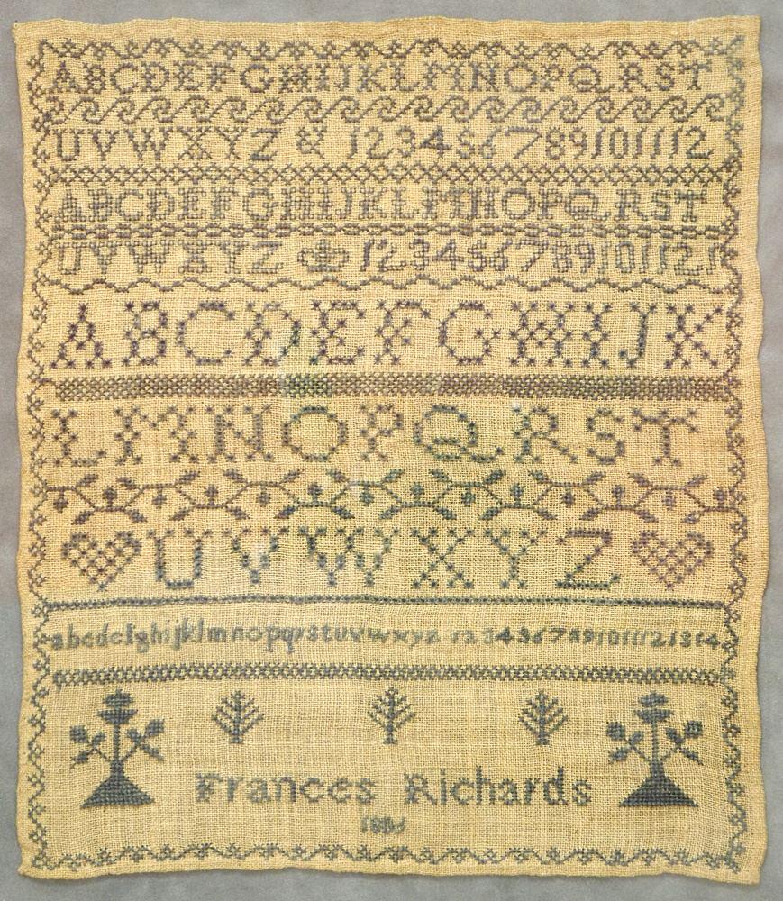 Sampler signed Frances Richards 1803?, 12" x 10 1/2". (1 of 2)