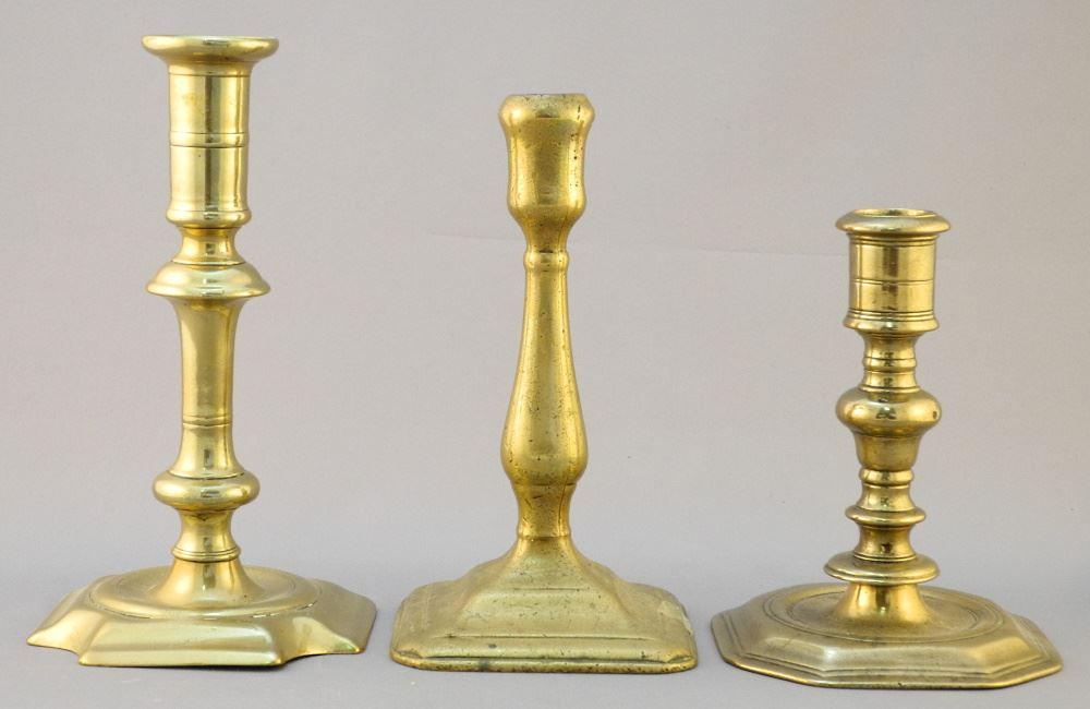 Collection of 3 17th & 18th Century Brass Candlesticks, 7", 6" & 5". (1 of 4)