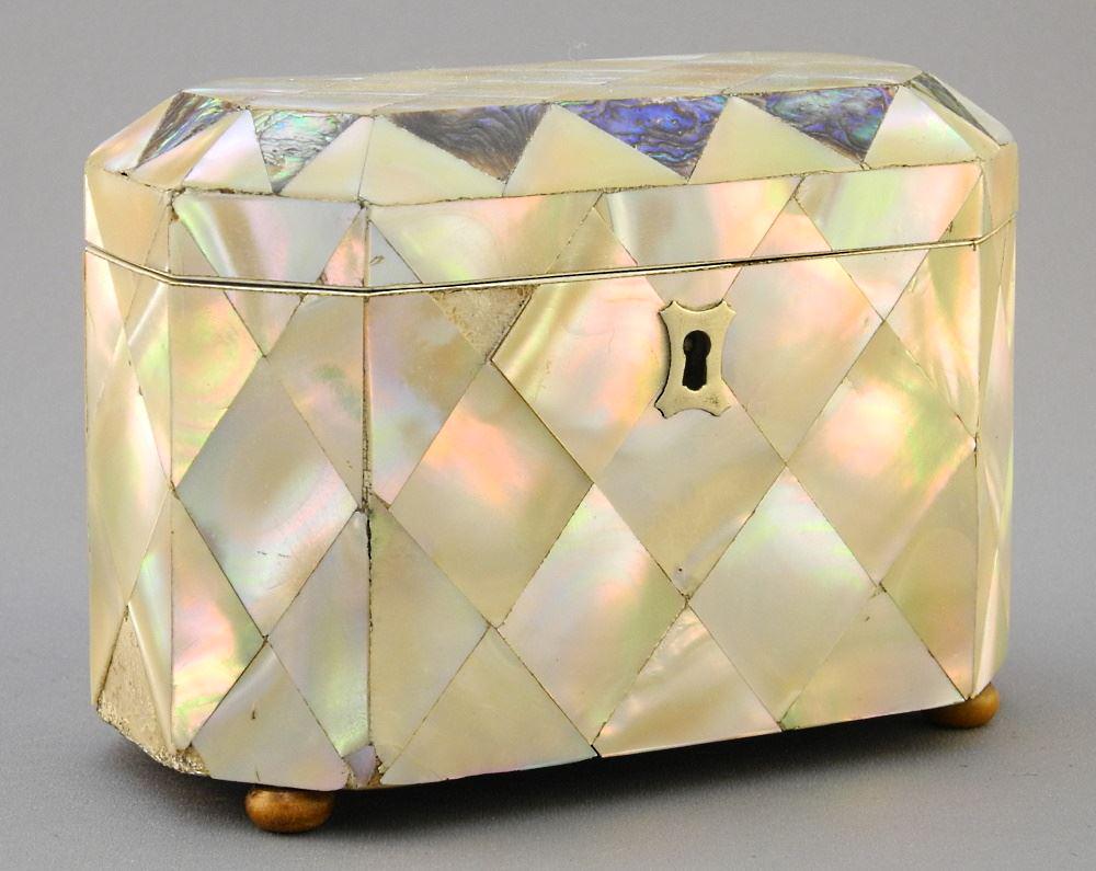Mother of Pearl Octagonal Table Casket with Inner Cover, 2 missing sections, 5 1/2" Wide (1 of 6)