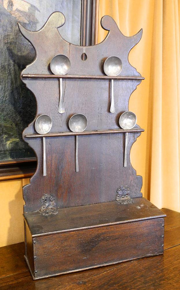 18th Century Oak Spoon Rack & Candle Box with Pewter Spoons, 30" High (1 of 3)