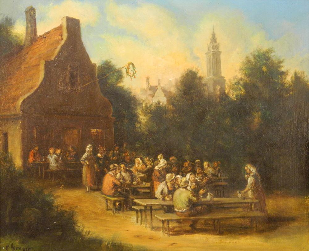 Oil on Masonite signed C. Greyer ?, 19 3/4" 23 1/2", "Exterior Pub Scene". (1 of 4)
