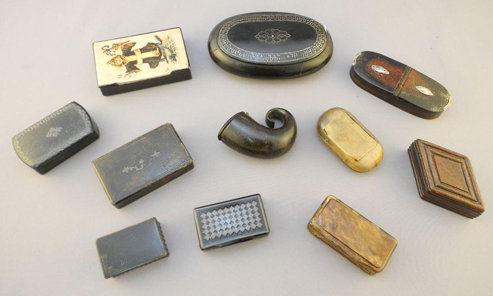 11 Various Antique Snuff Boxes: Horn/ Papier Mache/ Inlaid/ Wood, as found, largest 4 3/4" wid (1 of 1)
