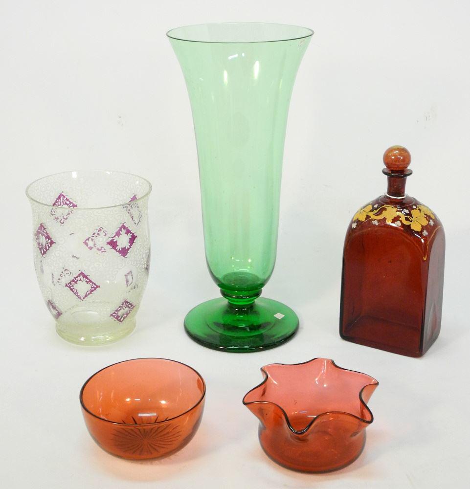 German 18th Century Red Glass Half Post Decanter with 2 Vases & 2 Bowls Tallest 15" (1 of 4)