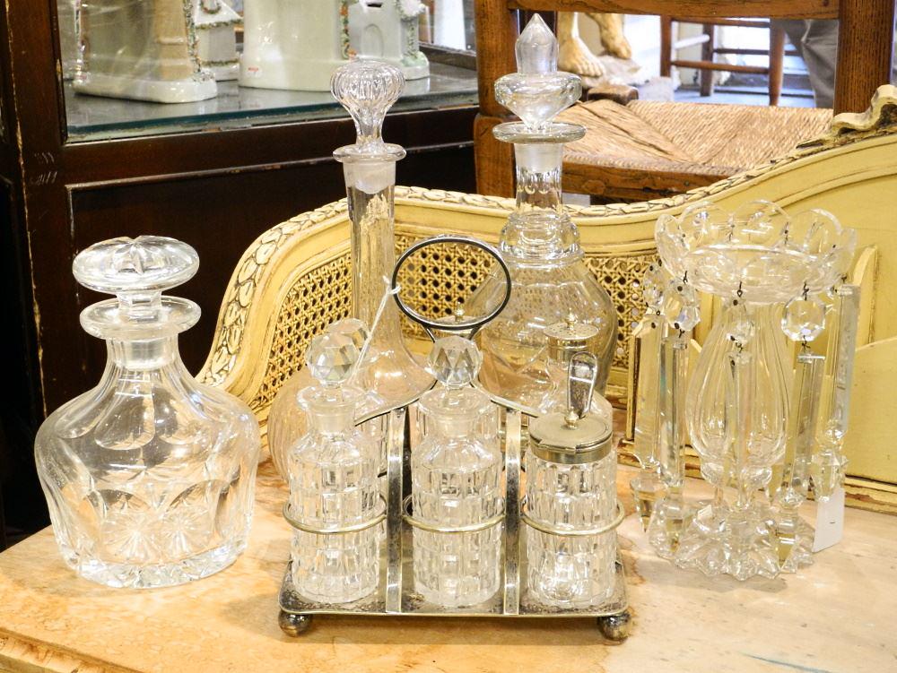 5 Pieces Crystal & Glass: 1 Lustre/ Cruet Stand/ 3 Decanters, 12" High (1 of 2)