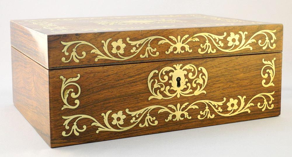 Mid-19th Century Brass Inlaid Rosewood Sewing Box, 11". (1 of 9)