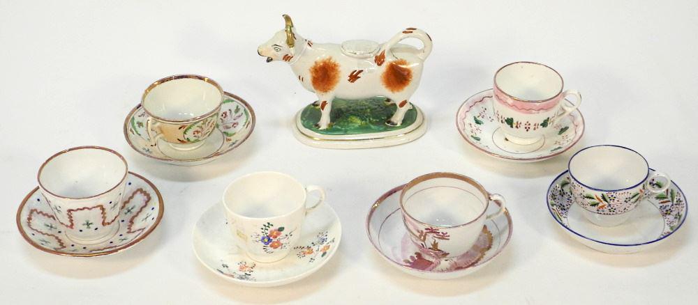 6 19th Century Tea Cups & Saucers (4 Lustre) & a Cow Cream Jug, 7 3/4" Long: 6 19th Century Tea Cups & Saucers (4 Lustre) & a Cow Cream Jug, 7 3/4" Long