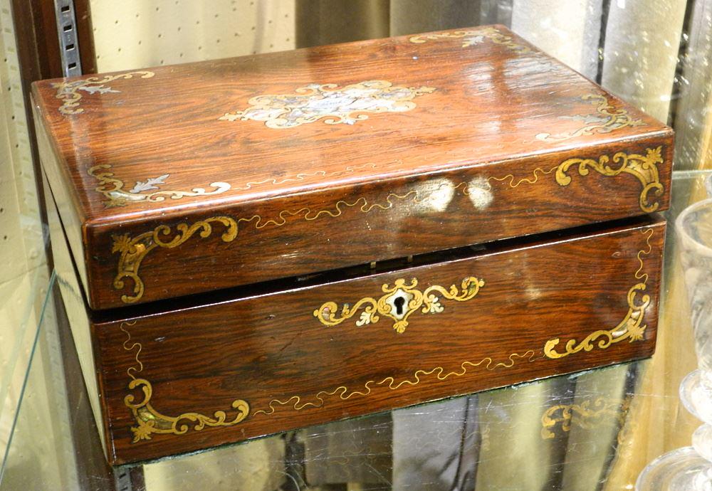 Mid-19th Century Inlaid Rosewood Triple Tea Caddy, Inscribed "Sarah", 5" x 11 3/4" x 8 5/8". (1 of 2)