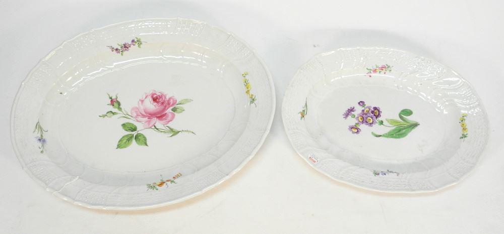 2 Meissen Porcelain Oval Platters with Basket Weave Rims, 14 1/4 & 18" Wide: 2 Meissen Porcelain Oval Platters with Basket Weave Rims, 14 1/4 & 18" Wide