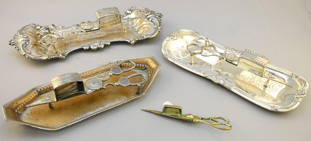 Three Old Sheffield Plate Candle Snuffers & Stands w/ Brass Snuffer, longest 10 5/8" (1 of 3)