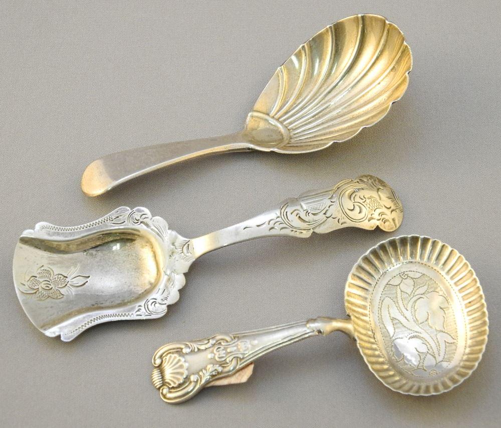 Three Silver Caddy Spoons; London MC 1828, Dutch and one repaired. (1 of 4)