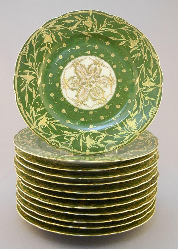 Twelve Green & Gilt Austrian Cabinet Plates, foot rim scuffing noted, 8 7/16" Diameter (1 of 7)