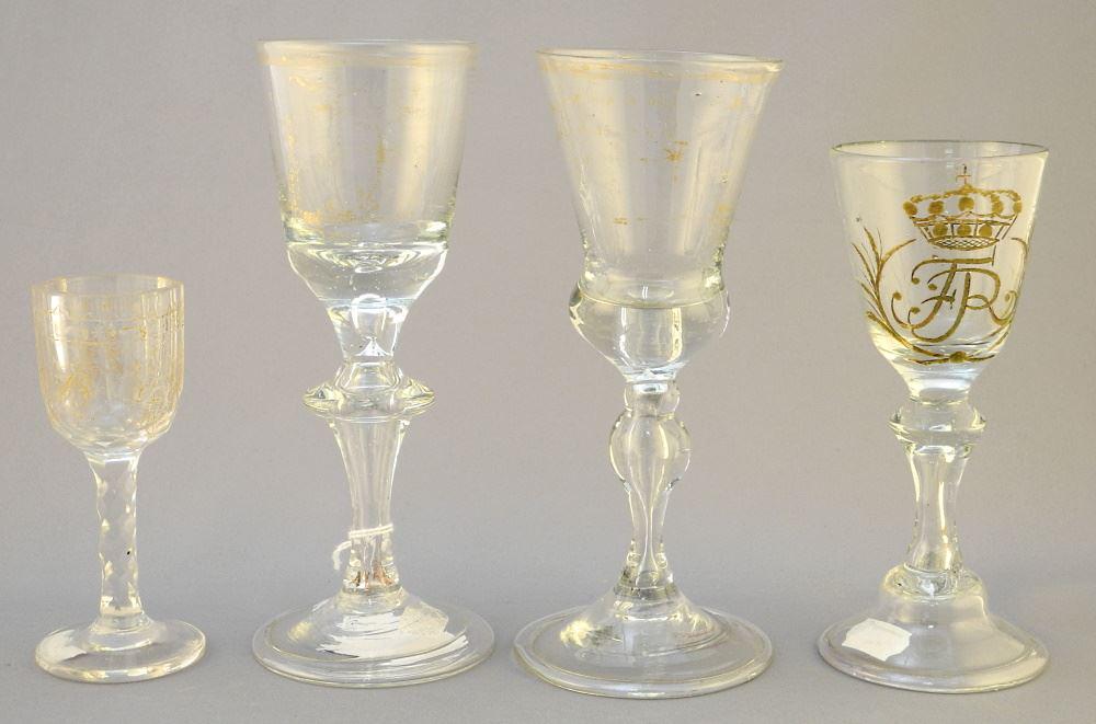 4 Antique European Wine Glasses: 3 Gilded Hollow Stem/ 1 Gilded Facet Stem, 4 1/8 - 6 3/4": 4 Antique European Wine Glasses: 3 Gilded Hollow Stem/ 1 Gilded Facet Stem, 4 1/8 - 6 3/4"