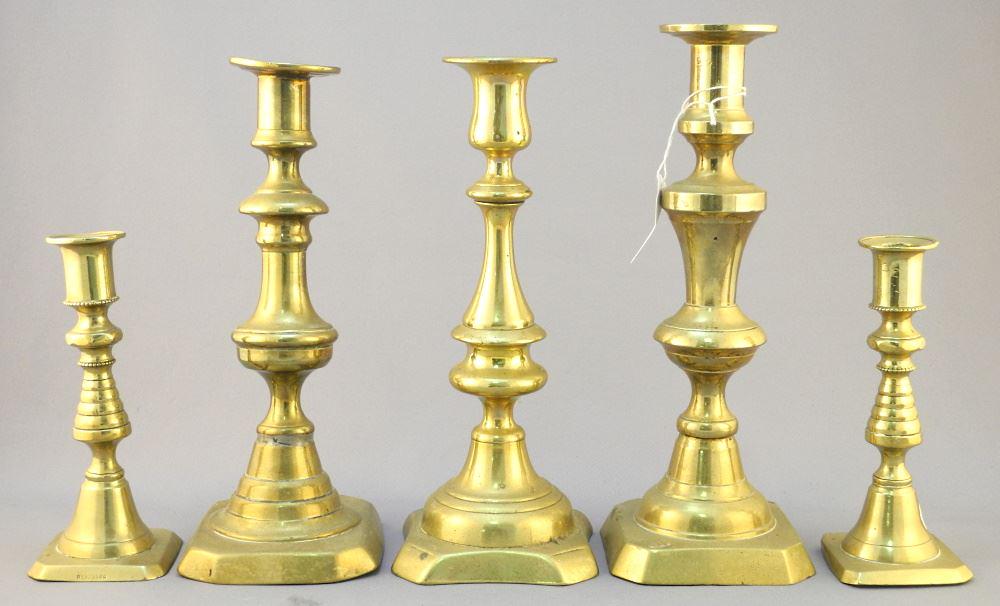 Five Brass Candlesticks, 6 - 9 3/4" High (1 of 3)