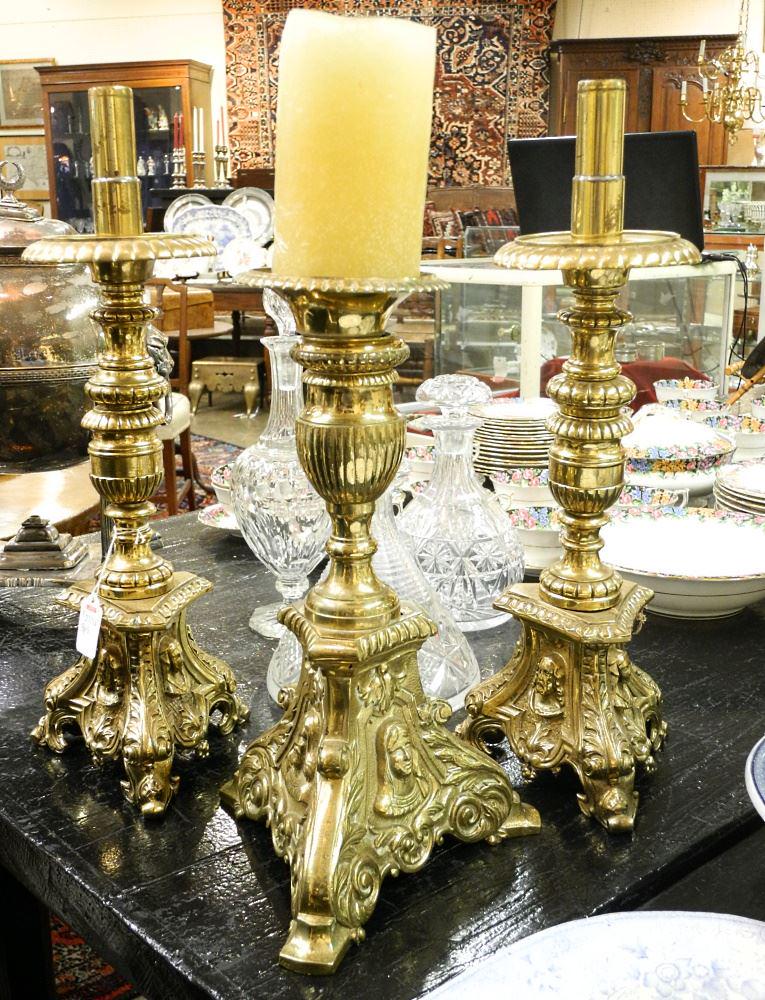 3 Brass Ecclesiastical Candle Sticks Looseness Noted, 16 3/4 - 18 1/2" Tall (1 of 1)