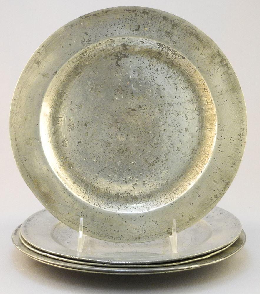 5 mostly 18th Century Pewter Plates, 9 1/2". (1 of 4)