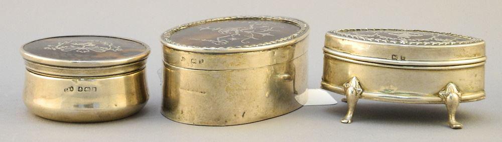 Three Pique Decorated Silver Dresser Boxes, 3 3/8" largest. (1 of 3)