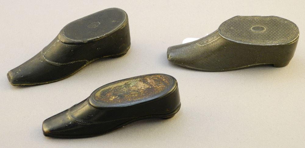 Three Antique Shoe Shaped Needle Cases, 1 Pewter / 2 Papier Mache, Largest 3 1/8".: Three Antique Shoe Shaped Needle Cases, 1 Pewter / 2 Papier Mache, Largest 3 1/8".