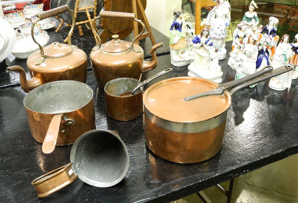 Lot of Antique Copper Cook Wares: 2 Kettles/ 3 Pots/ Ale Measure/ 2 Lids, longest 18 1/8" (1 of 1)