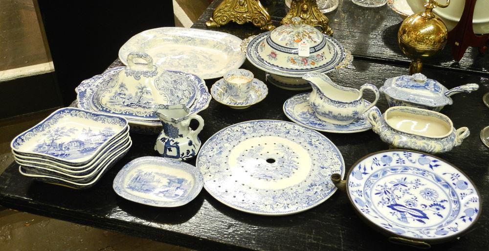 Collection of Blue & White Transfer Ware Dishes: Tureens/ Warming Dish/ Platter/ Various (1 of 3)