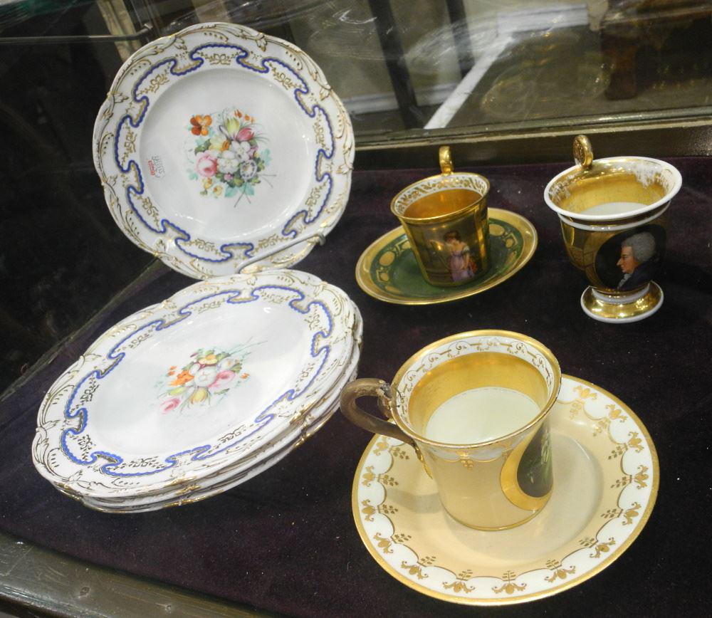 4 Porcelain Plates With 3 Cabinet Cups (2 Royal Vienna) & 2 Saucers, Restoration Noted, 9" Diam (1 of 1)