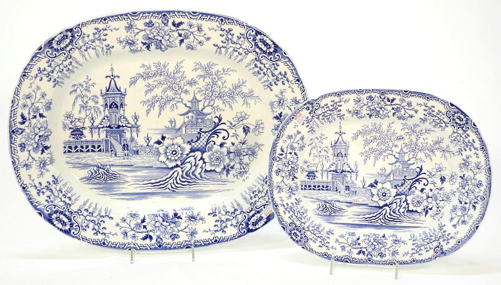 Two Llanelly Pottery (Wales) Blue & White Platters, 12 5/8 & 18 1/8" Wide (1 of 3)