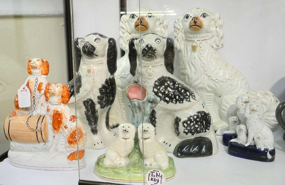 7 "Pairs" of Staffordshire Pottery Spaniels (8 Pieces), 4 1/2"- 12", As Found.: 7 "Pairs" of Staffordshire Pottery Spaniels (8 Pieces), 4 1/2"- 12", As Found.