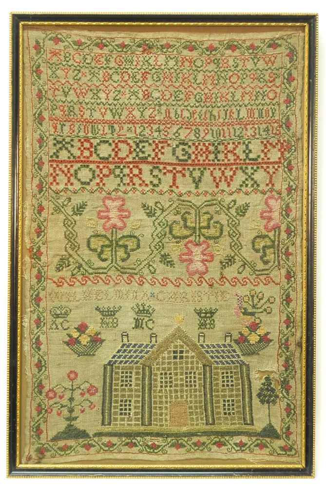 18th century Sampler - Whilhelmina Christie, 16" x 10 1/4".: 18th century Sampler - Whilhelmina Christie, 16" x 10 1/4".