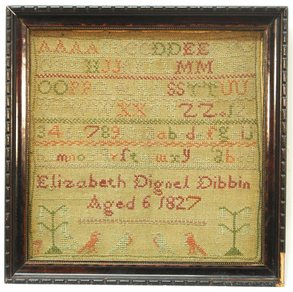 Sampler signed Elizabeth Dignel Dibbin Aged 6 1827, 9 1/2" x 9 1/2". (1 of 2)