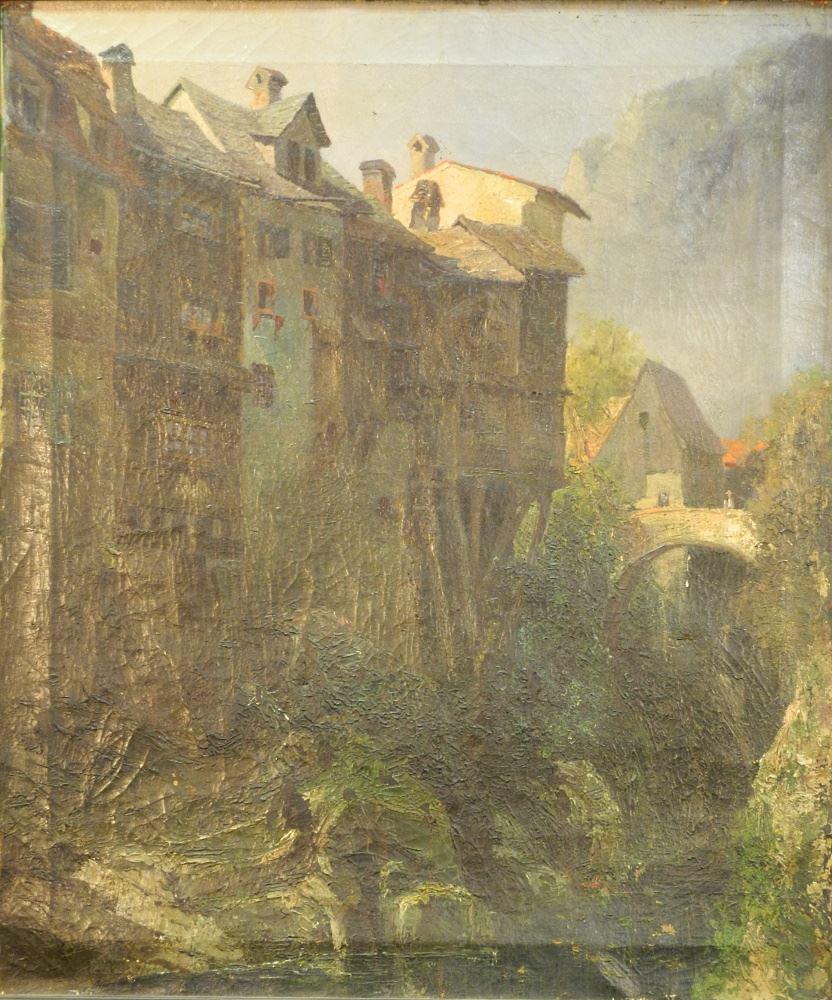 Indistinctly signed Oil on Canvas, 26" x 21 1/2", "Riverside Homes", Paint Losses. (1 of 3)