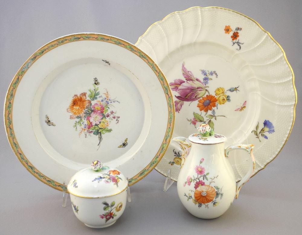 4 KPM Porcelain Wares: Cream Jug & Sugar Bowl with 2 Plates, 11" Diameter (1 of 7)