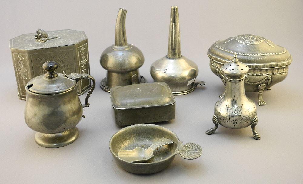 Collection of Antique Pewter Wine Funnels/ Tea Caddies/ Mustard Pot/ Etc., largest 4 3/4" Wide: Collection of Antique Pewter Wine Funnels/ Tea Caddies/ Mustard Pot/ Etc., largest 4 3/4" Wide