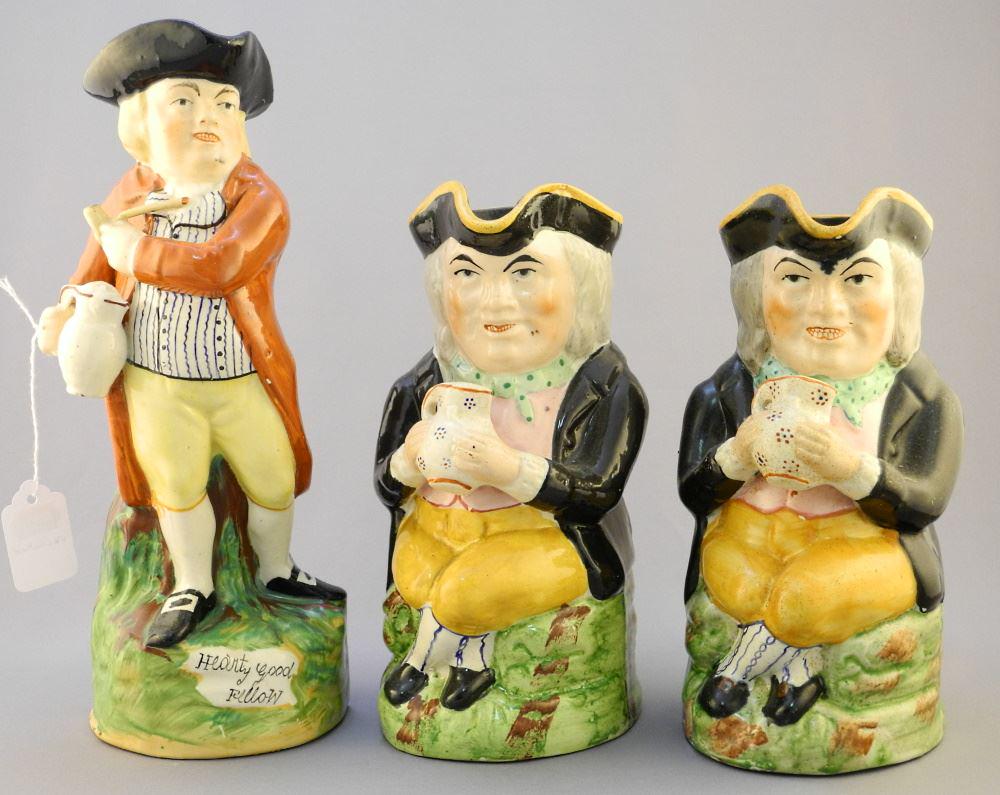 3 18th Century Toby Jugs: Pair (One Cracked) & "Hearty Good Fellow" 8 3/4 - 11 3/8" Tall (1 of 4)