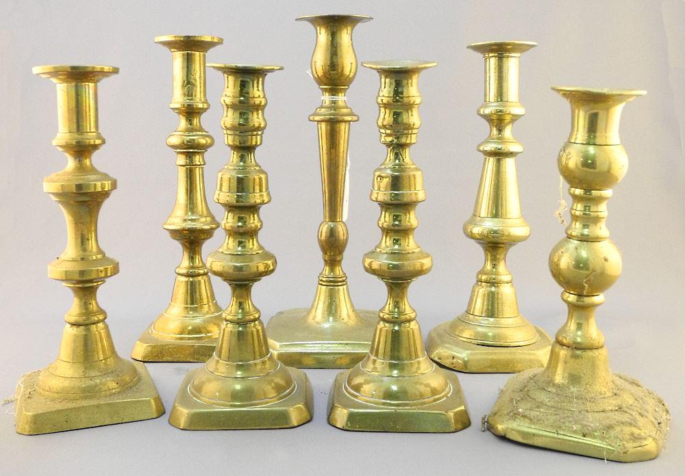 Collection of 7 Brass Candlesticks, tallest 9 1/2". (1 of 3)