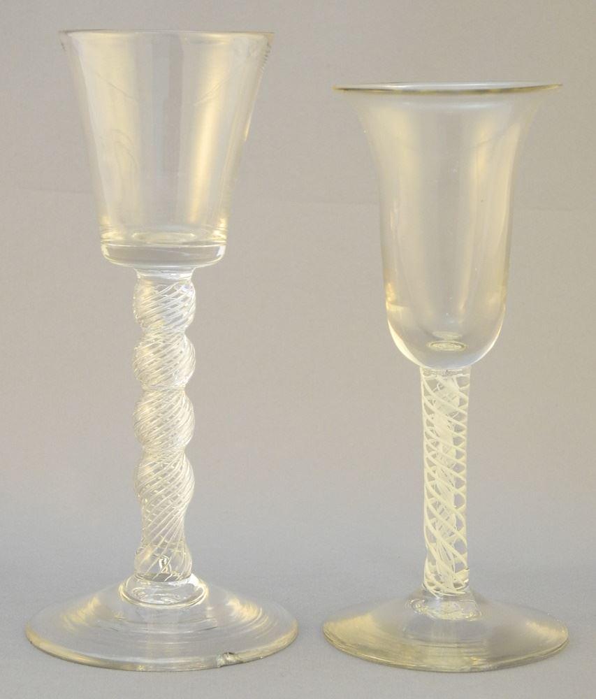 Two Georgian Multi Twist (chipped) and Georgian Air Twist Wine Glasses, 6 3/8" & 5 7/8".: Two Georgian Multi Twist (chipped) and Georgian Air Twist Wine Glasses, 6 3/8" & 5 7/8".