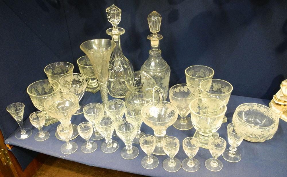 Collection of "Leaf & Berry" Etched & Engraved Crystal & Glass Wares, 4 1/4 - 13 7/8" High: Collection of "Leaf & Berry" Etched & Engraved Crystal & Glass Wares, 4 1/4 - 13 7/8" High