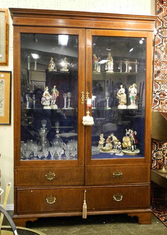 Edwardian Inlaid Mahogany Double Door Cabinet with 2 Drawers Beneath, 77" High: Edwardian Inlaid Mahogany Double Door Cabinet with 2 Drawers Beneath, 77" High