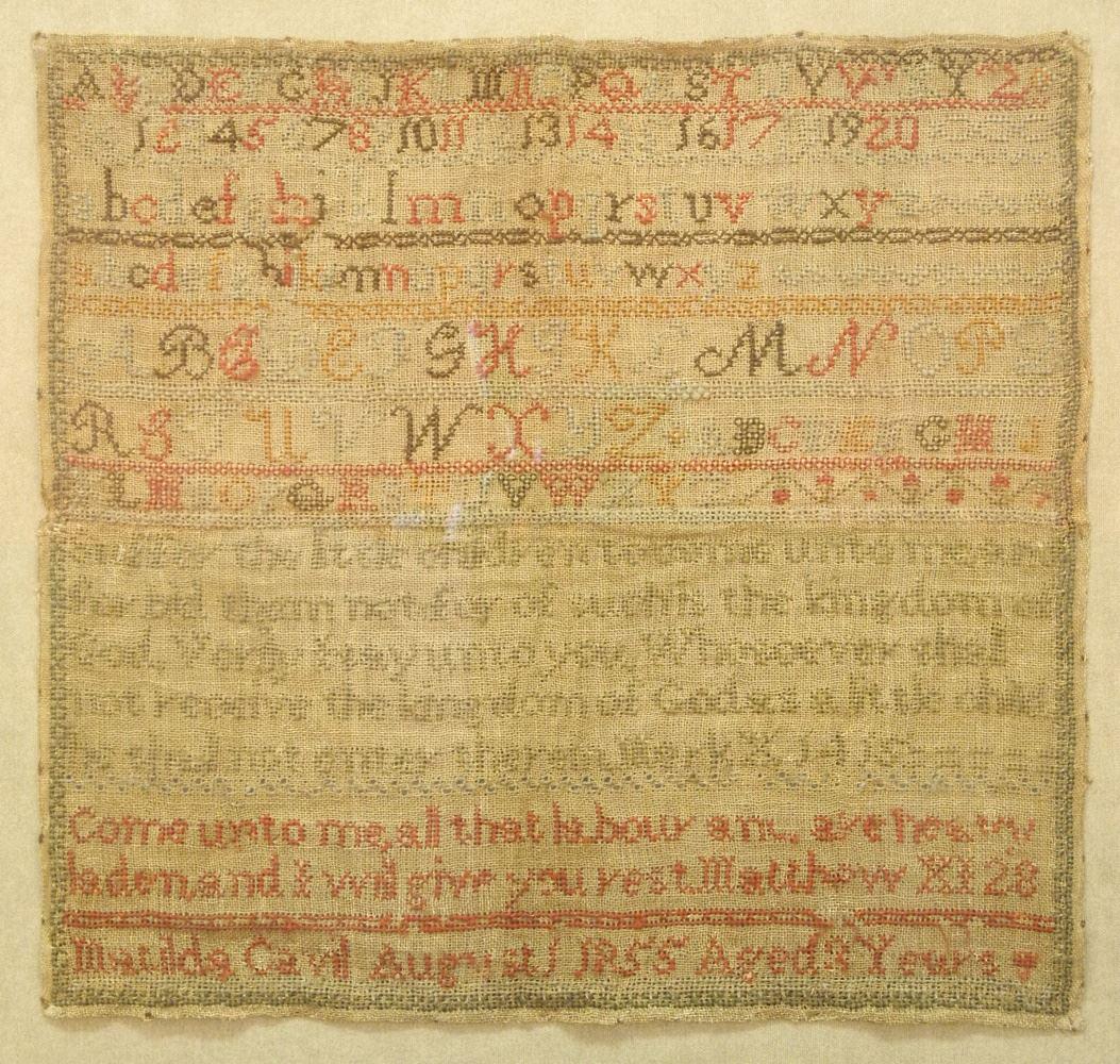 Sampler signed Matilda Cavil August 1855 Aged 8 Years, 16" x 17".: Sampler signed Matilda Cavil August 1855 Aged 8 Years, 16" x 17".