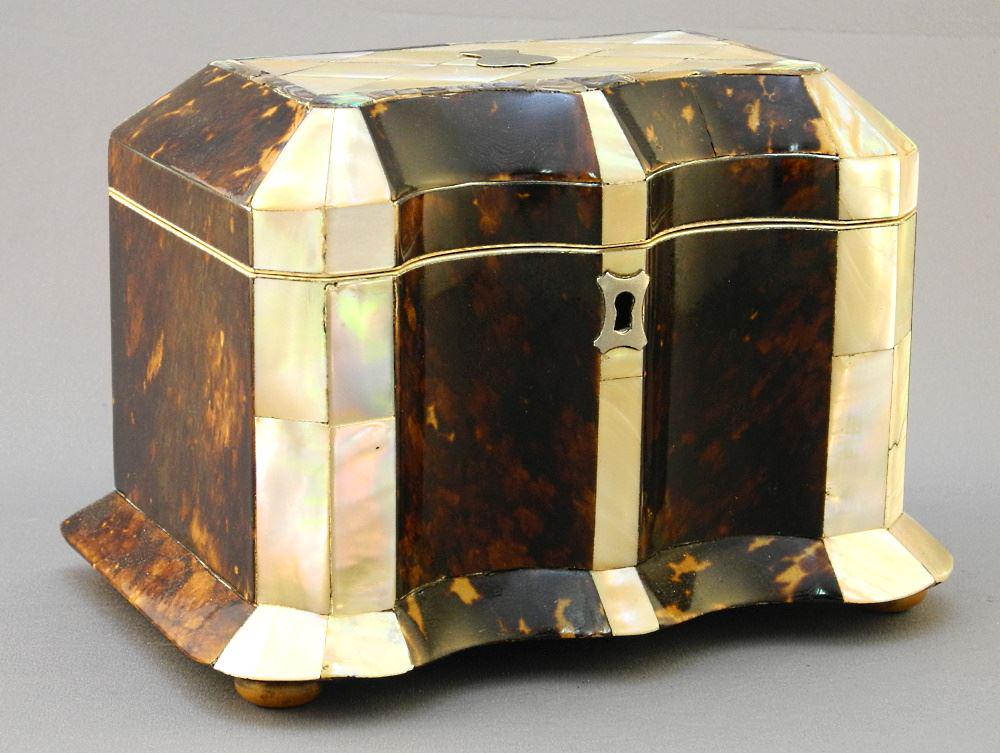 Tortoiseshell and Mother of Pearl Tea Caddy, 7" x 4 3/4" x 4 1/2". No Export. (1 of 8)