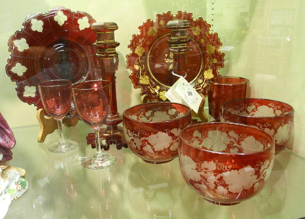 Lot of Ruby & Cranberry Glass Incl. Candle Sticks (8 3/4")/ Dishes/ Cup/ Bowls, 10 Pieces (1 of 1)