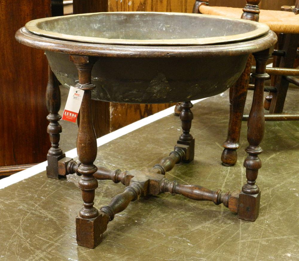 Georgian Brass Pan Set In Turned Oak Stand, BADA Seal In Pan, 18 1/2 x 26" Diameter (1 of 2)