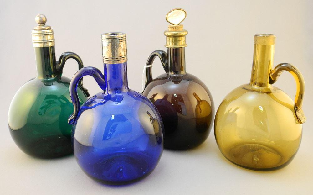 4 Antique Coloured Glass Handled Bottle Decanters, With & Without Stoppers, Approx.7" (1 of 3)