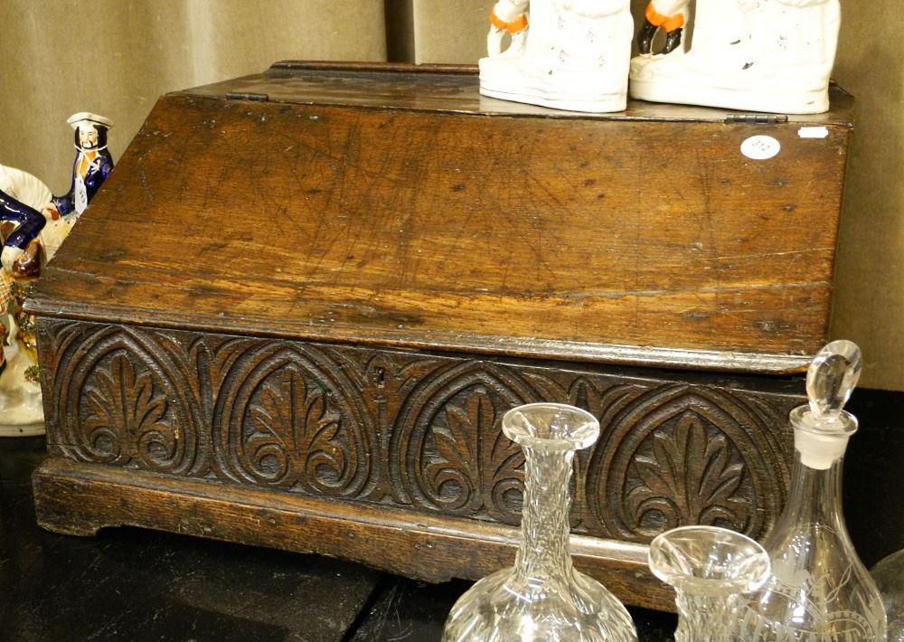 Antique Oak Slope-Top Box with Carved Anthemion Frieze, 24 3/8" Wide (1 of 1)